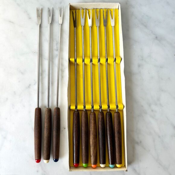 Vintage Fondue Forks 9 Stainless Steel w/Wood Handles-6 in Original Box+3 Extra - Picture 3 of 8